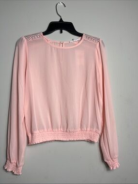 Socialite Pink Lace Trim Smocked Waist Chiffon Blouse Medium